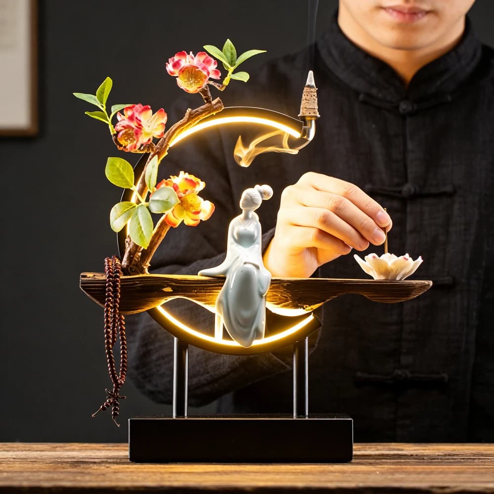 Nuovo Creativo Anello Luminoso LED in Stile Cinese con Diffusore di Fragranze a Flusso Inverso, Decorazione per Ingresso e Soggiorno, Oggetto Artigianale a Tema Zen