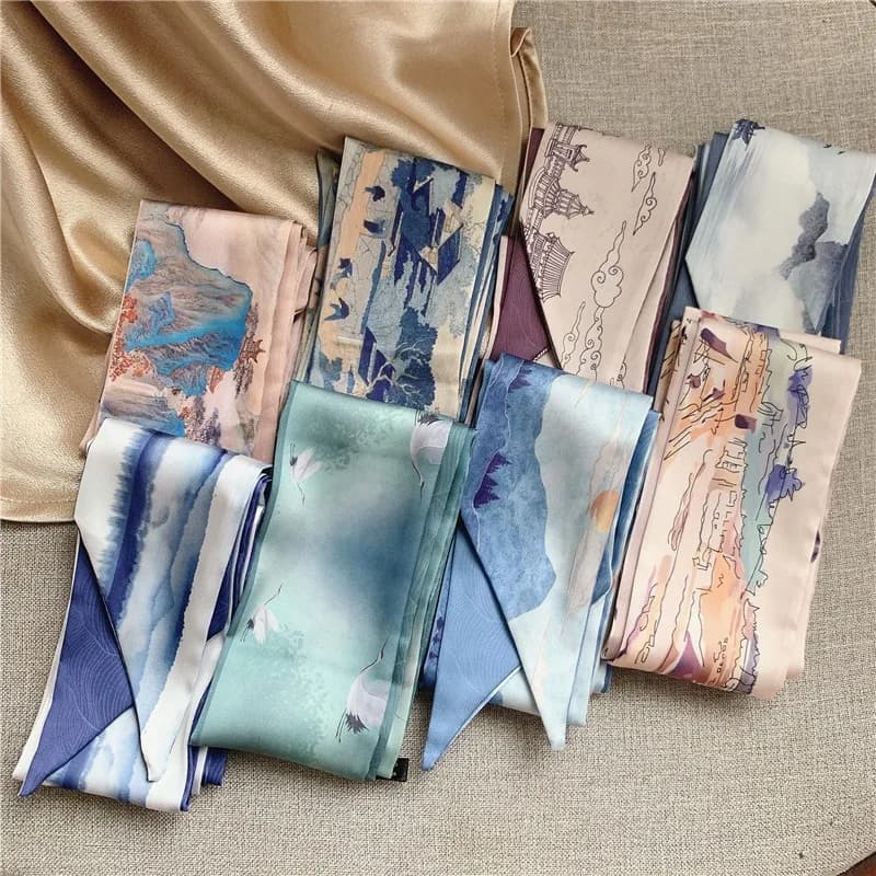 Foulard in Seta con Fiocco Francese e Stampa a Olio, Nastro Lungo, Accessorio per Capelli