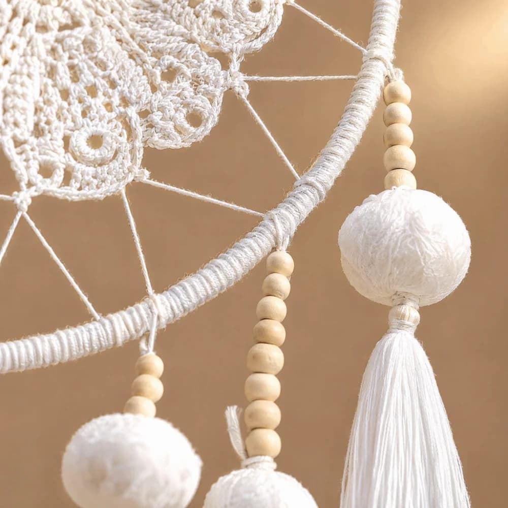 Cotton Macrame Dreamcatcher White Wooden Beads Crochet Lace Boho Wall Decor Boho Traditional 7.87x21.65in Handmade Dream Catcher