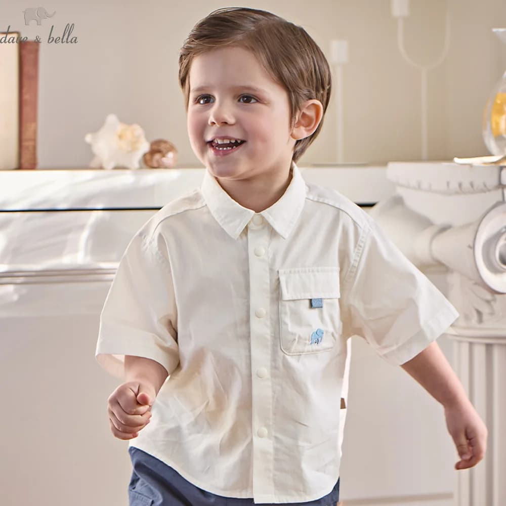 Dave Bella Boys White Shirt Children Summer Blouse Pure Cotton Kids Clothes Cool Soft Elegant Short Sleeve Casual Tops DB2261305