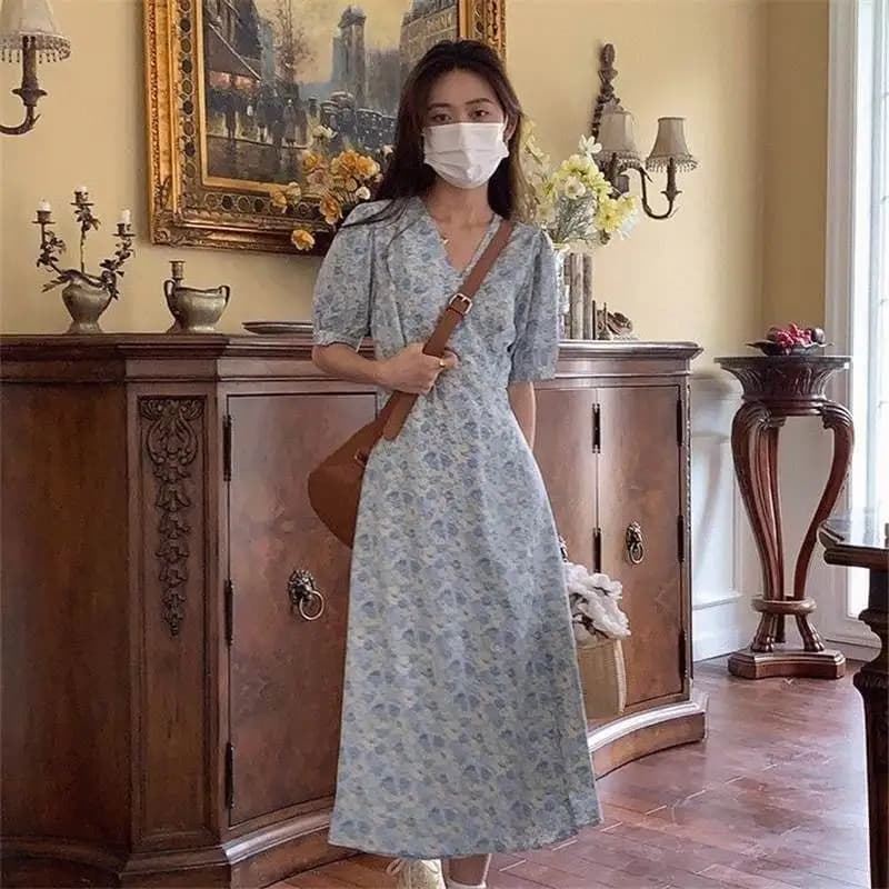 Tea Style V-Neck One-Piece Dress Women's Summer Slimming Floral Print Midi Dress Short Sleeve Casual Universal Fit
