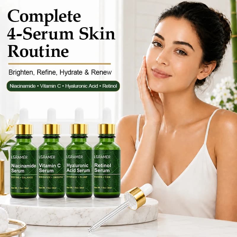 4PCS Facial Serum Set Niacinamide Vitamin C Hyaluronic Acid Retinol Face Essence Hydrating Brightening Anti-Aging Shrink Pores