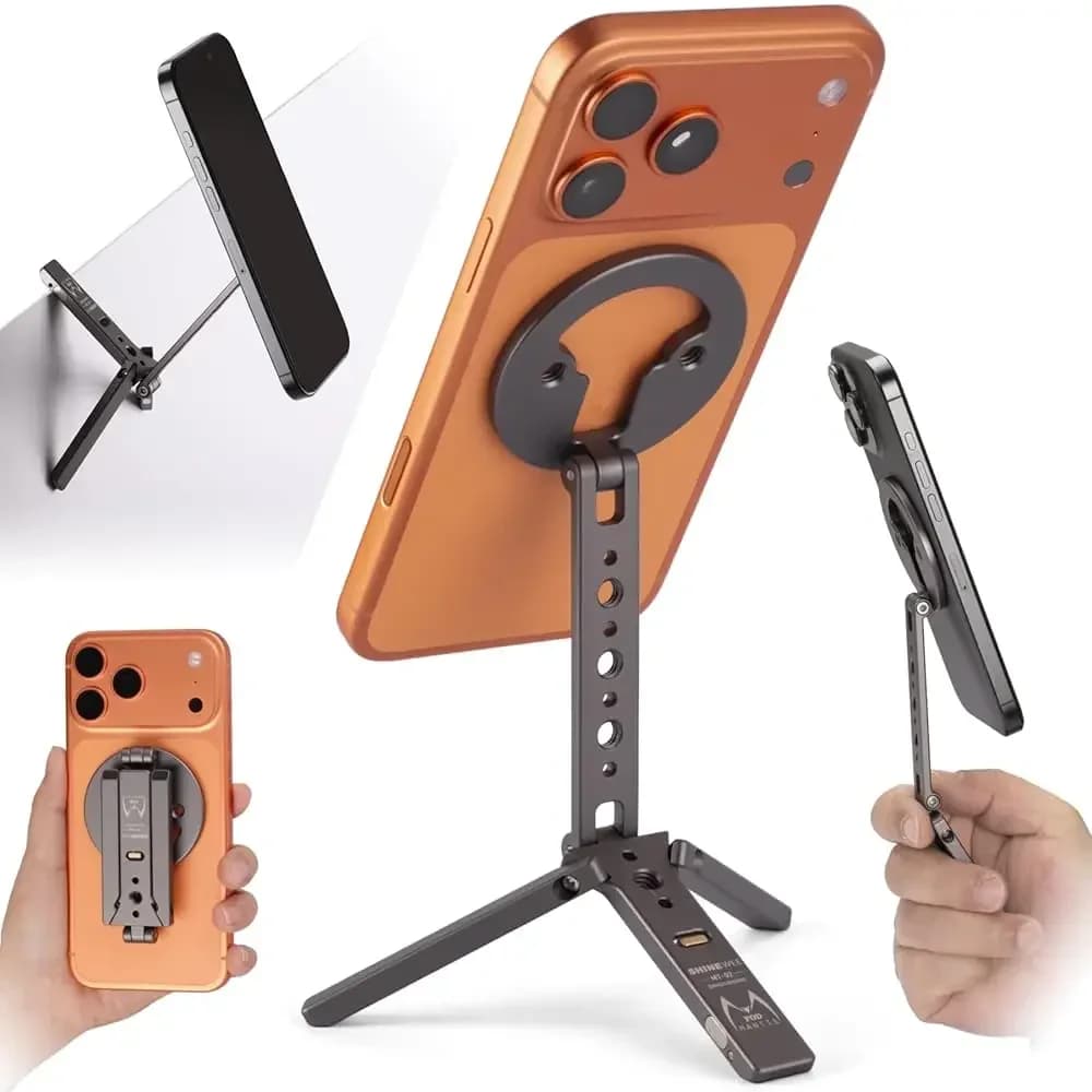 Treppiede Magnetico Ultra-Compatto per iPhone | Supporto per telefono con design pieghevole a gancio, 20 magneti N52, attacco cold shoe e vite da 1/4 di pollice - per iPhone