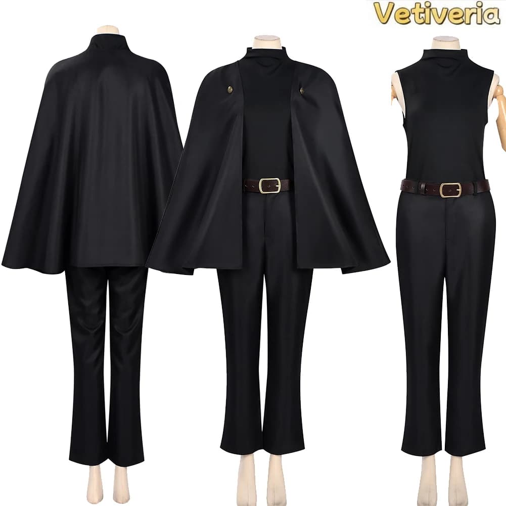 Maki Zenin Women's Cosplay Costume, Anime Clothing for Roleplay, Vest, Pants, Mantle, Belt, Black Dress for Halloween and Carnival