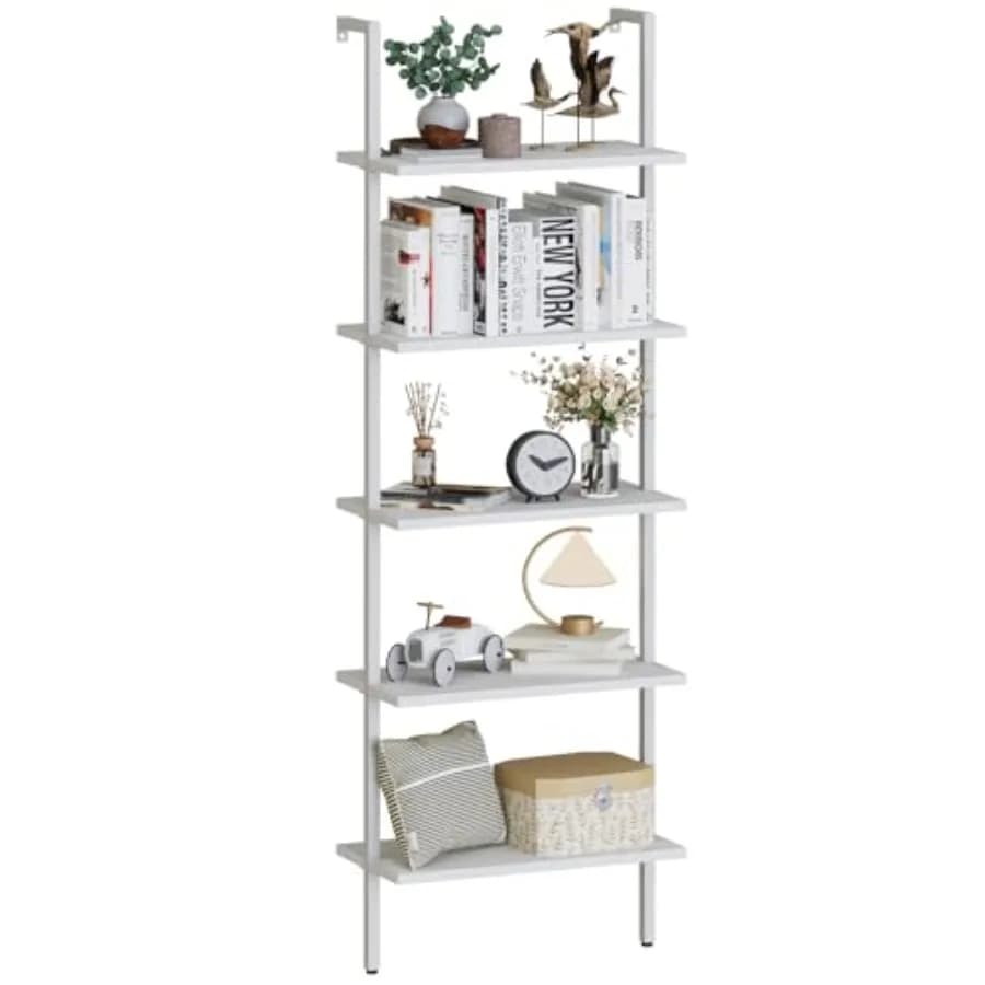 Scaffale a Scala e Libreria a 5 Ripiani, Scaffale Aperto da Parete, Stile Industriale Moderno, Supporto per Piante e Fiori, Organizzatore Multiuso, Libreria in Metallo F