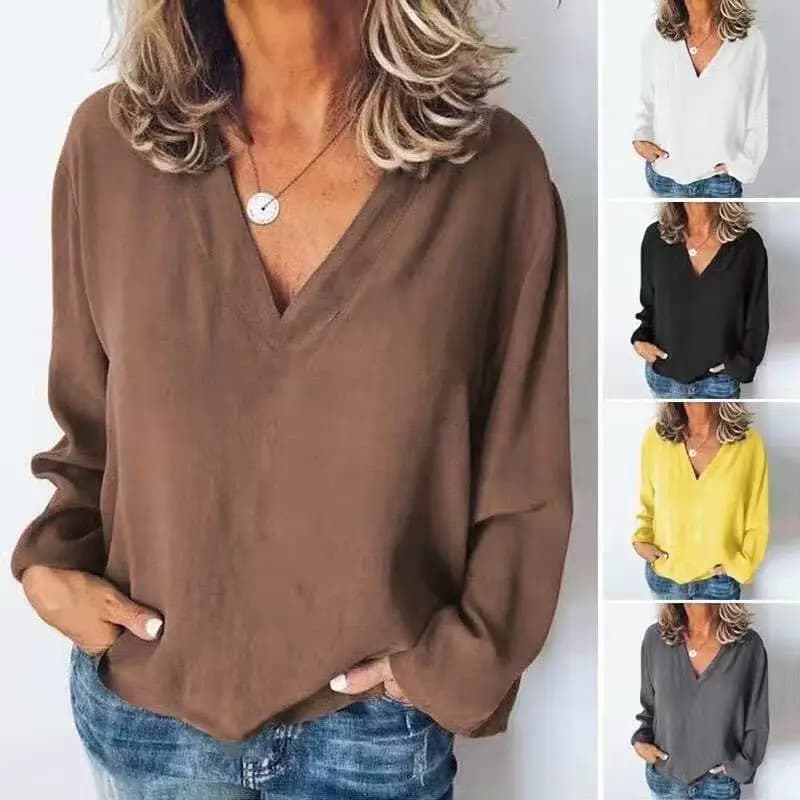 Women's Plus Size Stitching Shirt Loose Stitching V‑neck Long Sleeve Pullover Chiffon Shirt Fall Top Simple Elegant Street Blous