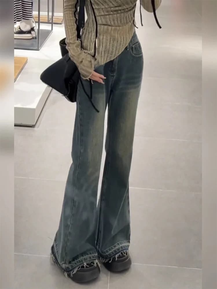 American Retro High Waist Extended Frayed Micro Flared Jeans Women's Spring Autumn Long Tapered Pants Slimming Not Legging