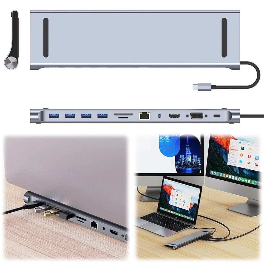 Docking Station USB C 11 in 1 100W PD SD/TF Audio Hub USB C Adattatore Multiporta con Triplo Display per Surface/HP/Dell/Lenovo/MacBook