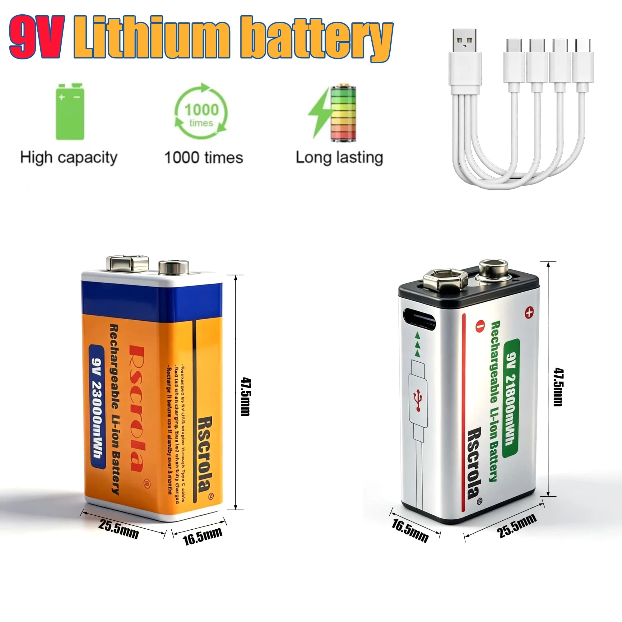 9V Rechargeable Battery USB Type-C Rechargeable 6F22 9V Li-ion Battery for RC Helicopeter Model Multimeter Toy