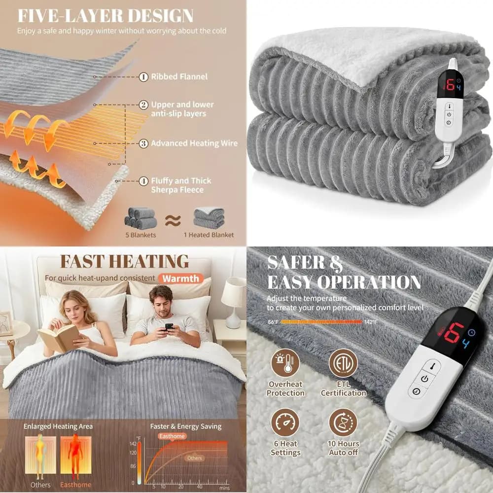 Coperta elettrica Queen Size 84x90 - Doppio controllo, 6 livelli di calore, spegnimento automatico 10 ore, flanella a coste, protezione dal surriscaldamento, Gr leggero