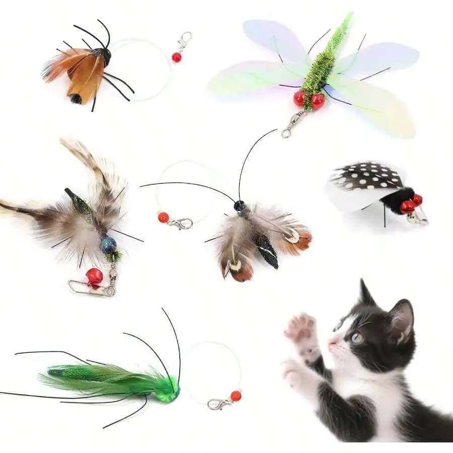 8pcs Cat Wand Toy Refills Feather Dragonfly Mouse Shrimp Worm Interactive Elastic Mesh Toys
