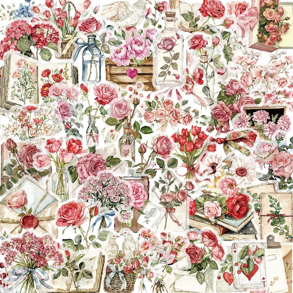 Confezione da 50 adesivi con fiori e lettere, libretto in PET trasparente impermeabile, materiale floreale, taccuino decorativo per chitarra