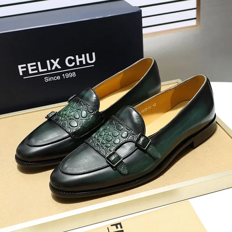 Scarpe mocassini da uomo classiche in vera pelle di mucca Slip-on doppie fibbie Scarpe verdi nere Scarpe formali da festa di nozze per uomo