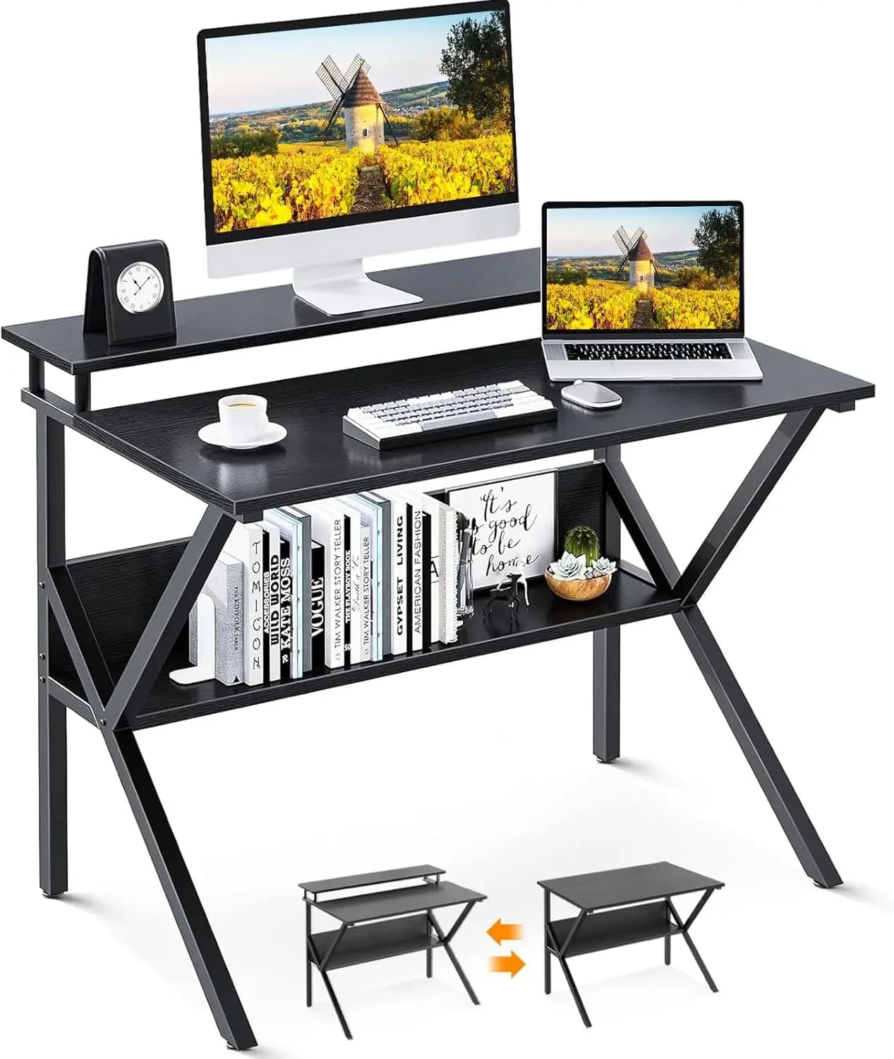 27.5 inch compact desk with storage space and support for monitors for small spaces, study table for children in black