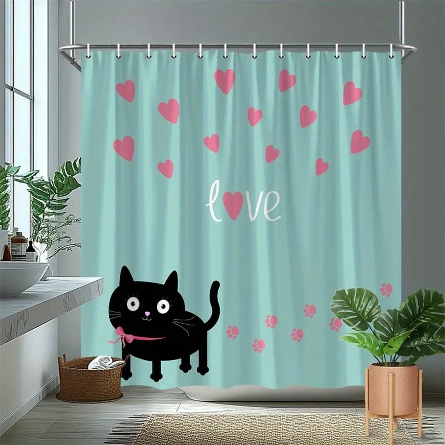 1 tenda da doccia rosa con motivo fiocco e cuore, tessuto in poliestere, lavabile in lavatrice, adatta per l'arredamento del bagno.
