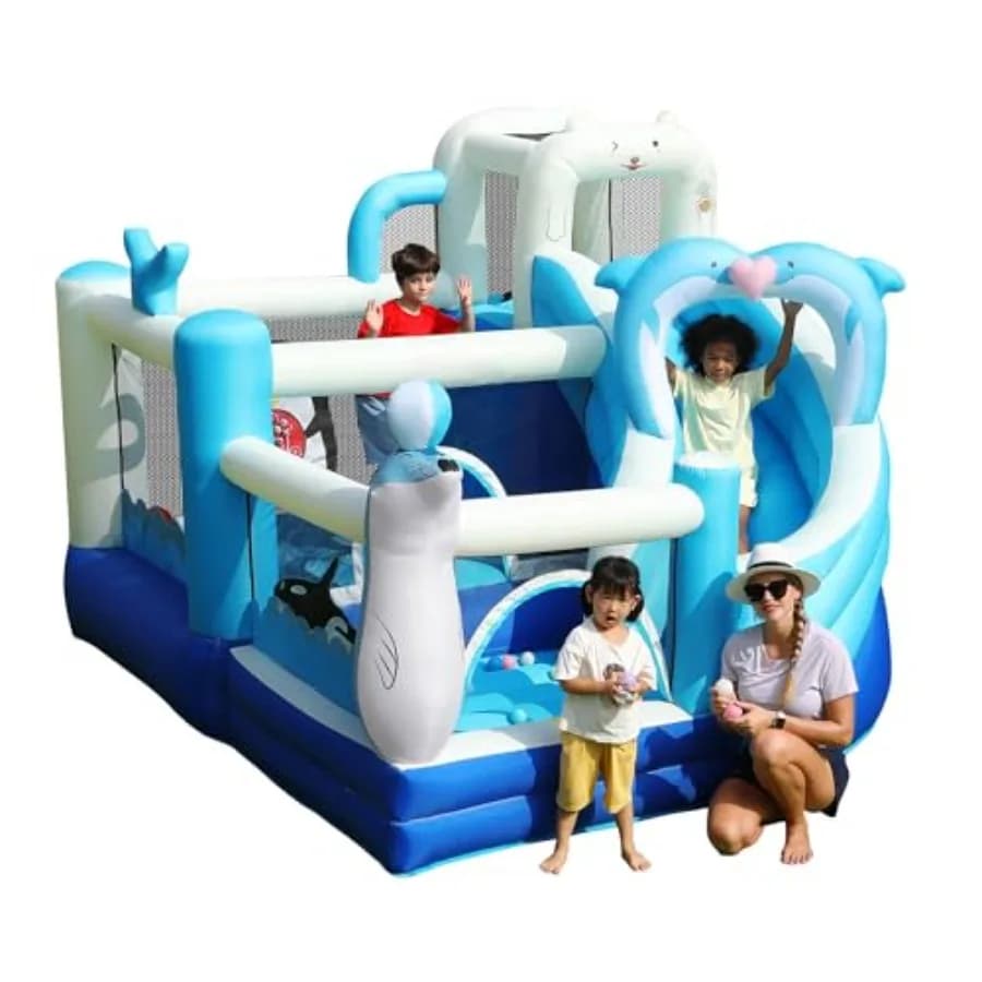 Casa Gonfiabile per Bambini con Scivolo, Area di Salto Ampia, Piscina di Palline, Parete da Arrampicata e Canestro da Basket