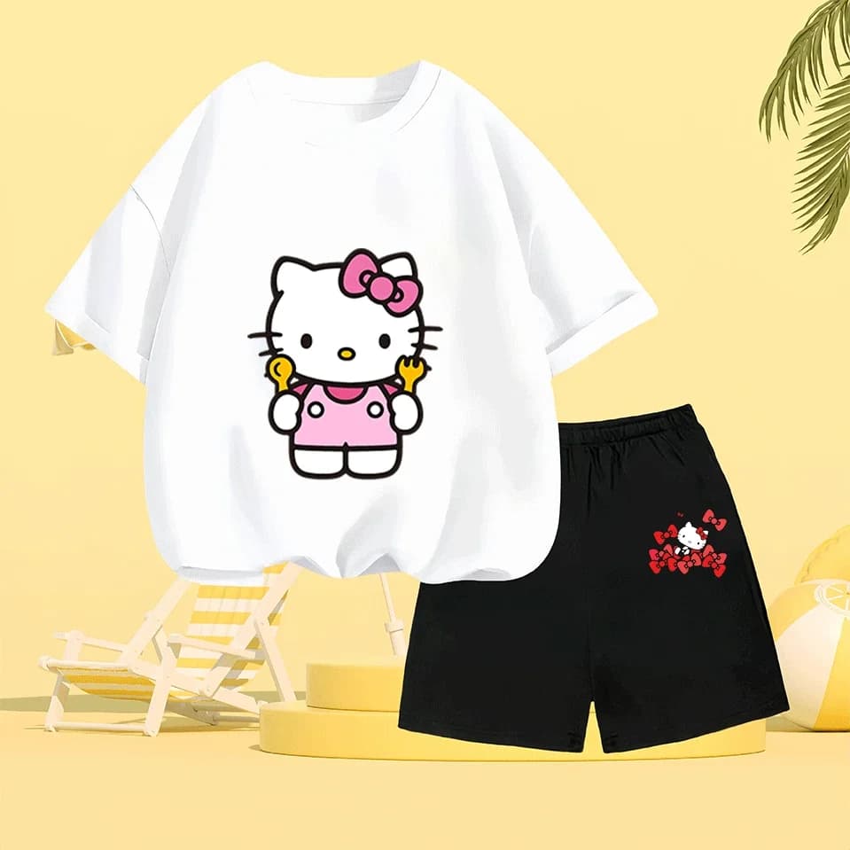 Completo Estivo per Bambini a Due Pezzi con Stampa Hello Kitty, Abbigliamento per Bambini alla Moda