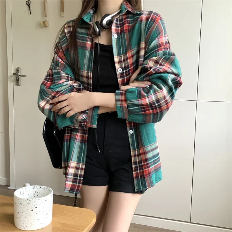 Camicia scozzese verde da donna Camicia abbottonata con colletto a maniche lunghe Camicetta Top da donna Camicie a quadri casual larghe per adolescenti