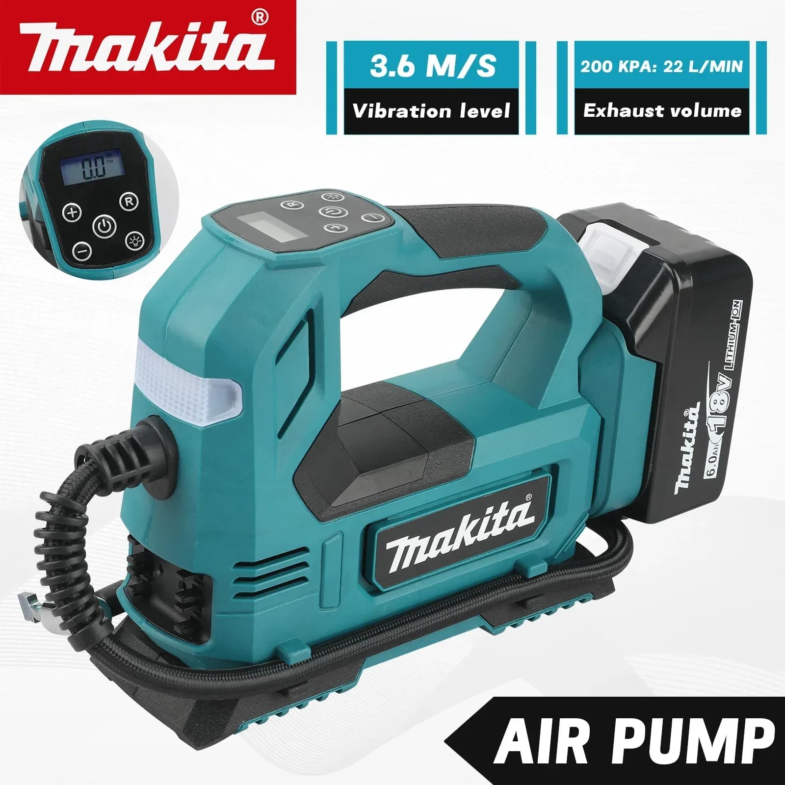 NUOVO Gonfiatore d'Aria Portatile Makita 20V a Batteria al Litio, Pompa per Pneumatici, Display Digitale, Arresto Automatico, per Auto, Moto, Biciclette