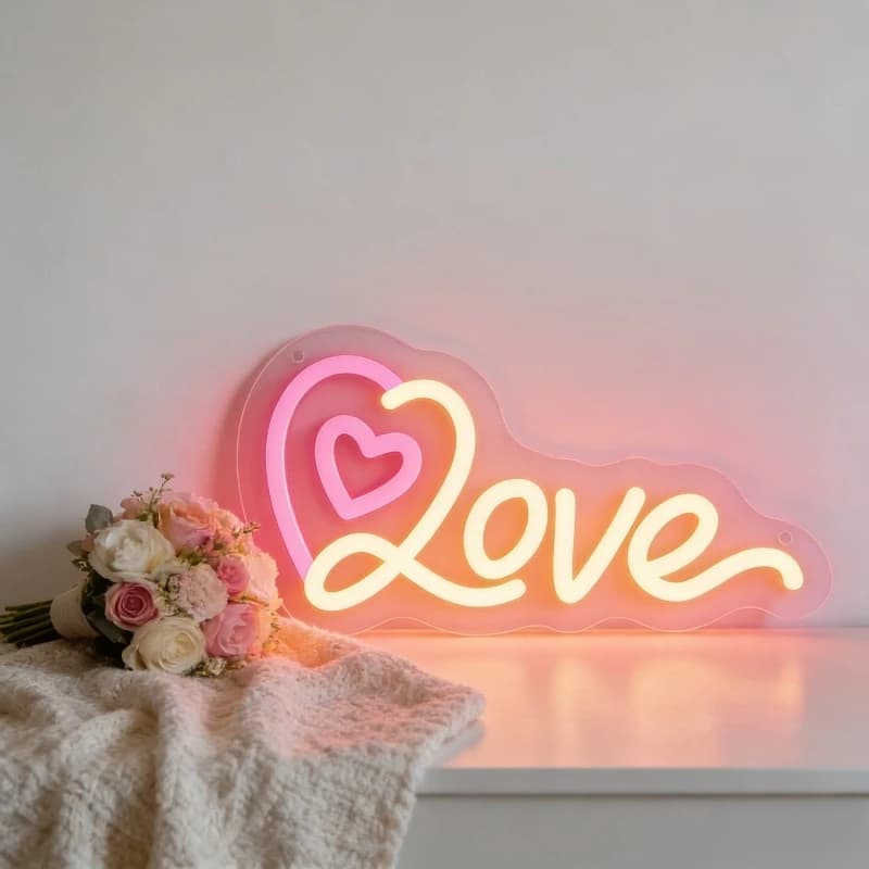 Insegna Luminosa al Neon 'Love with Heart' Rosa, Alimentazione USB, LED Dimmerabile, Decorazione Romantica per Camera da Letto, Regalo per Anniversario di Matrimonio