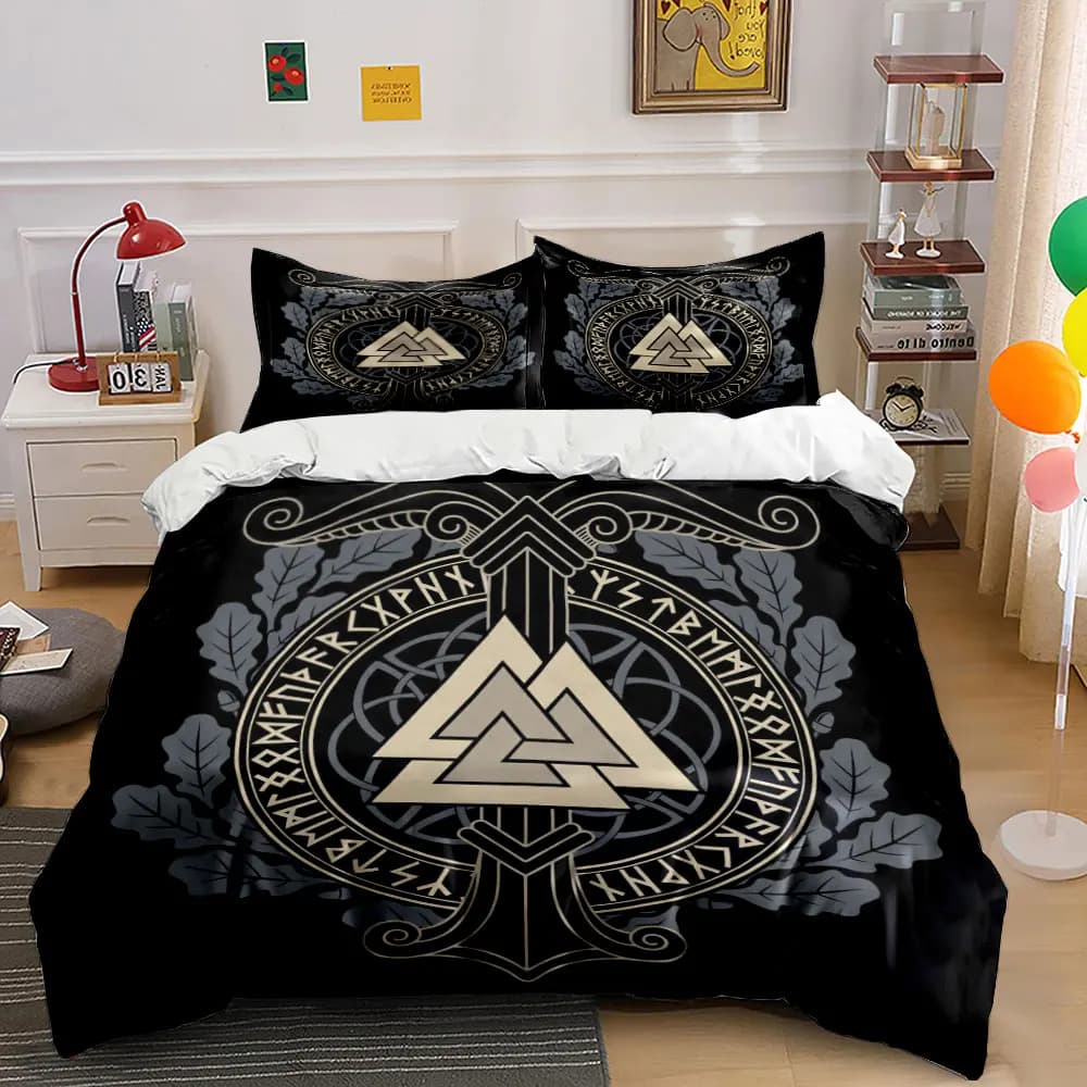 Set copripiumino con motivo a rune nordiche e simbolo triangolare, stampa digitale, biancheria da letto colorata in poliestere con chiusura a cerniera, ideale come regalo