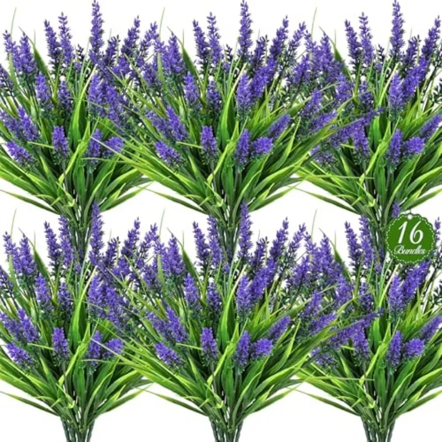 16 Pacchetti di Piante Artificiali da Esterno, Lavanda e Erba dei Monaci Finte Resistenti ai Raggi UV, Piante Finte Realistiche in Plastica per Balcone, P