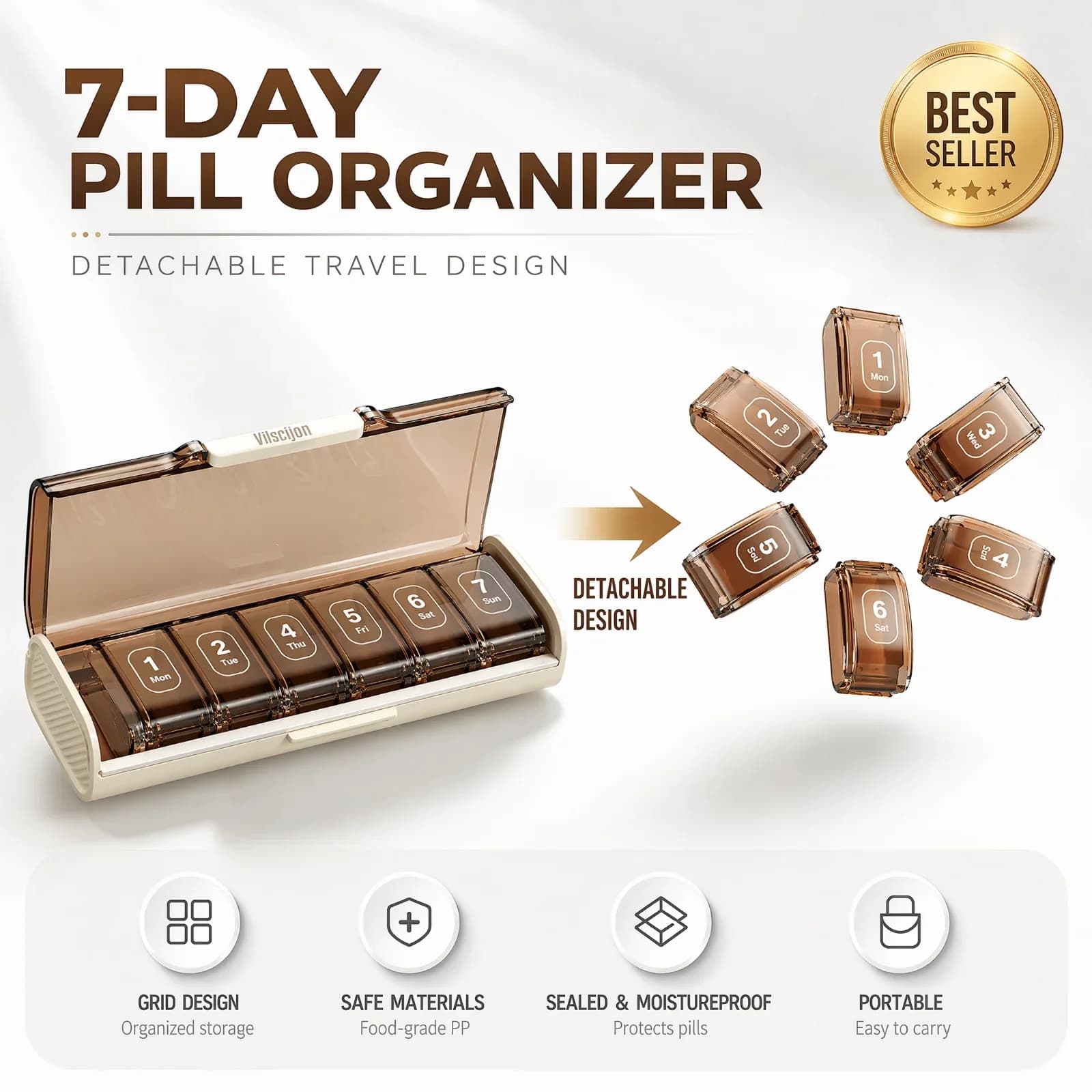 7 Day Pill Organizer Weekly Travel Medicine Box Detachable Portable Moisture Proof Pill Case Vitamin Supplement Storage Elderlys