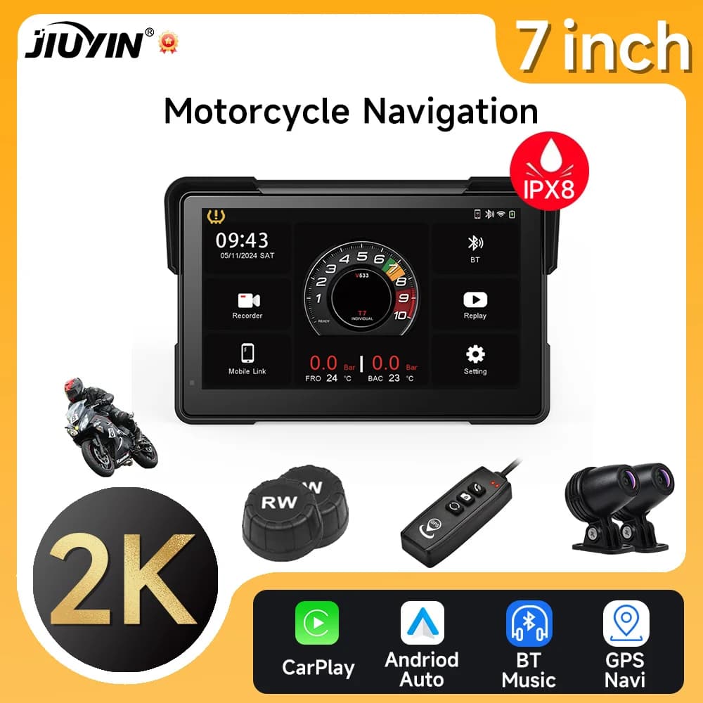 GPS Navigation DVR for 7 Inch Motorcycle Dash Cam Wireless Carplay Android Auto IPX8 Waterproof Motorcycle Front Bluetooth Inch Bluetooth Camera