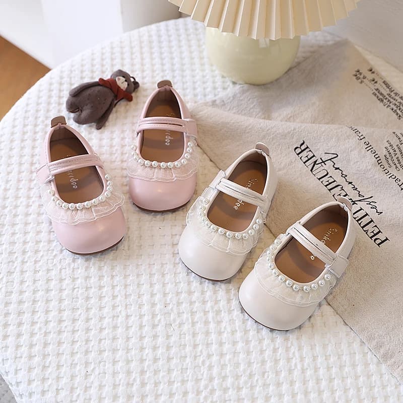 Scarpe Mary Jane in Pelle Opaca per Bambine con Perle e Pizzo, Chiusura in Velcro, Stile Lolita, per Feste e Occasioni Casual