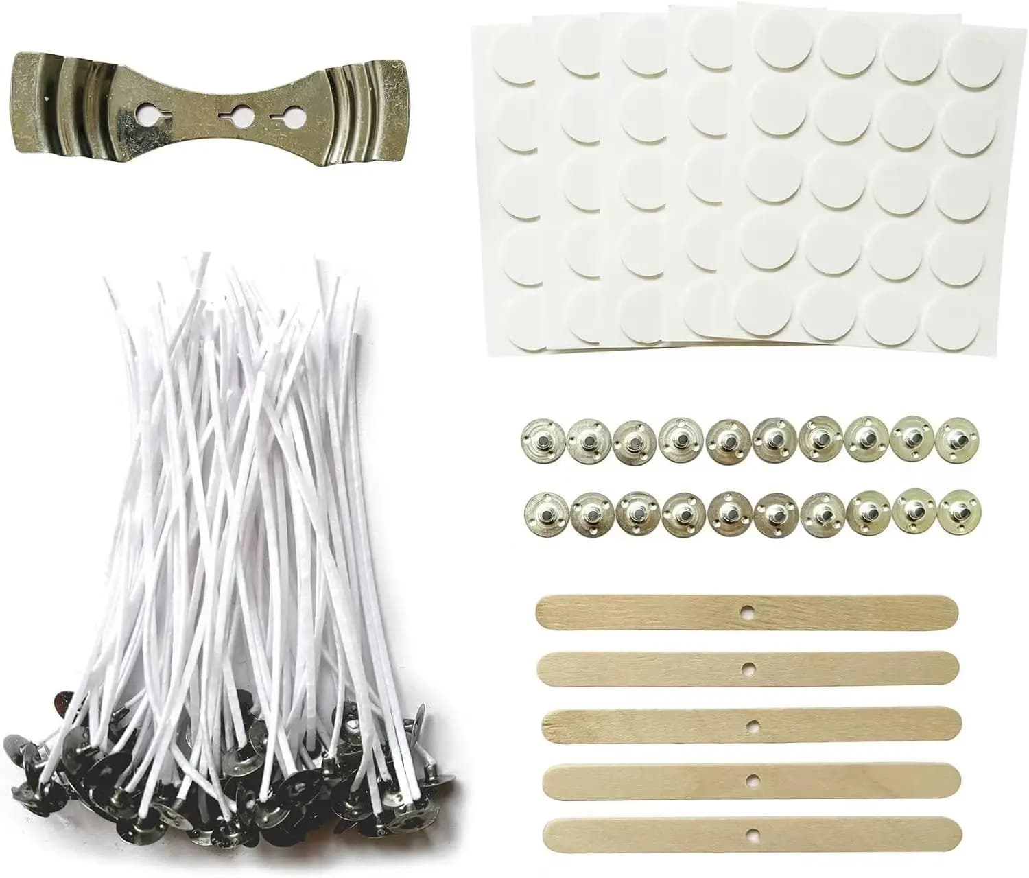 Kit da 100 Pezzi per Candele Fai-da-Te con Stoppini, Adesivi, Supporti e Linguette