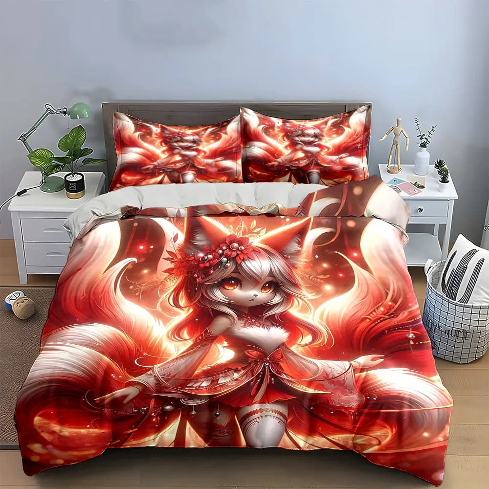 Set di biancheria da letto Fantasy Fox Anime Artwork Set con 1 copripiumino e 2 federe, singolo, matrimoniale, king, queen, regalo