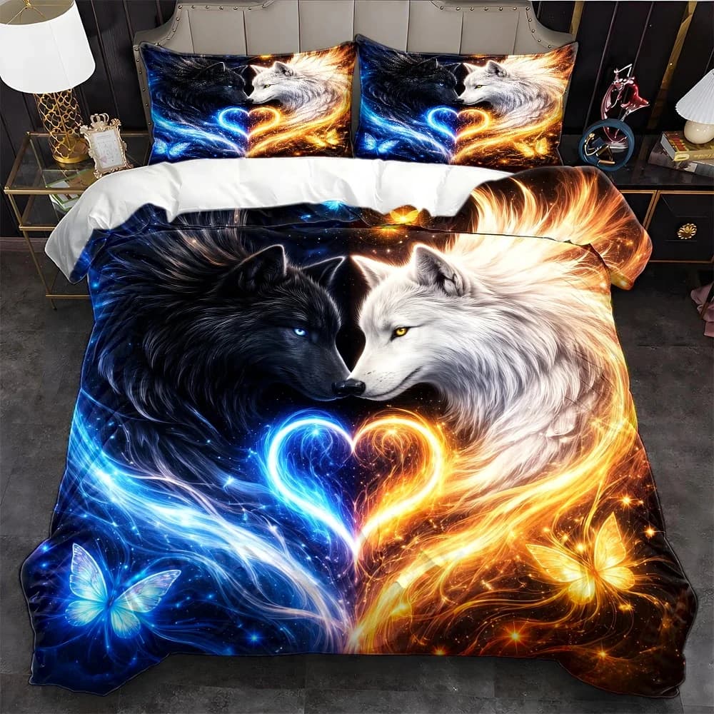 3-Piece E-Commerce Bedding Set (1*Duvet Cover + 2*Pillowcases), Dreamy Ice and Fire Double Wolf Heart Butterfly Duvet Cover Set, Suitable for All Seasons, Machine Washable, Invisible Zipper Bedding, Large Double Bed Cover, Suitable for Home, Dormitory, Master Bedroom, Guest Room, European and American Style Starry Sky Colorful Animal Bedding Set, Ins Internet Celebrity Style Bedroom Decoration Bedding Set, Wear-Resistant, Skin-Friendly, Breathable Bedding Set, 2D Flat Print