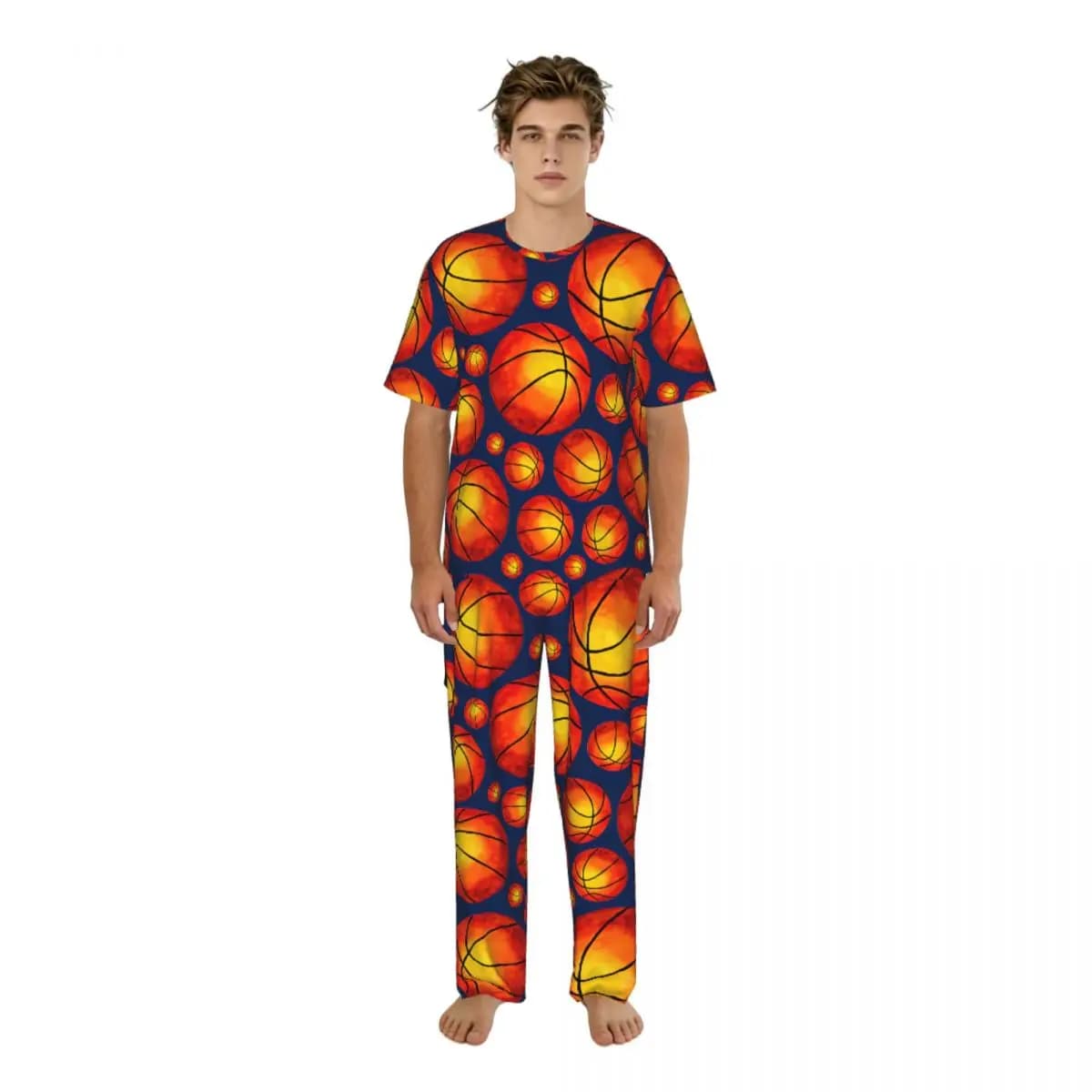 Pigiama da uomo estivo: completo con top a maniche corte e pantaloni lunghi, abbigliamento da notte e per casa, fantasia basket acquerello