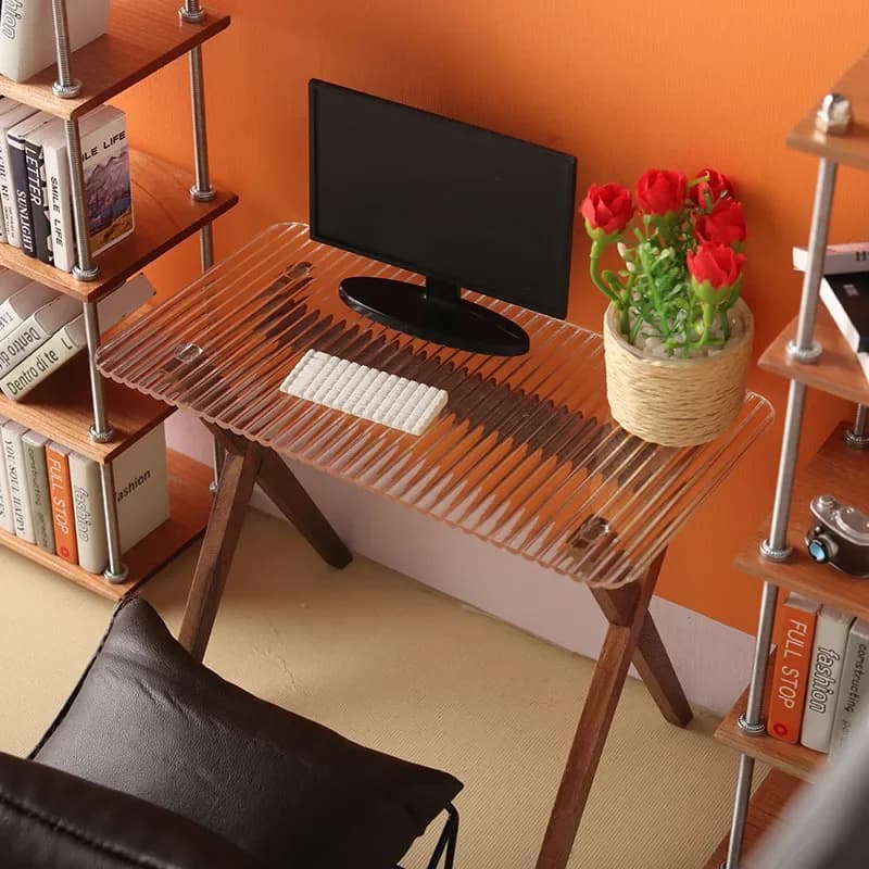 1:6 BJD Casa delle bambole Scrivania per computer Mini scrivania in miniatura Strisce di noce nera Trasparenza Accessori per mobili per casa delle bambole da tavolo
