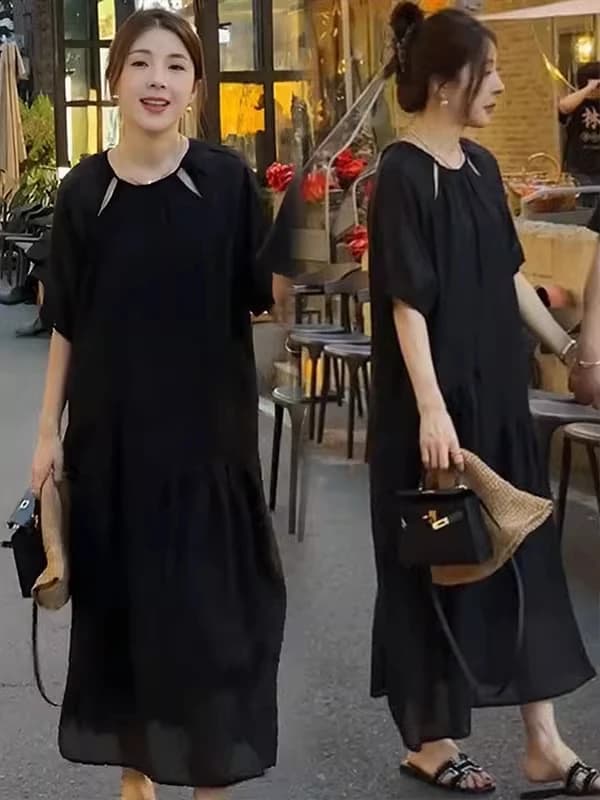 plus Size Casual Loose Women's Dress Short Sleeve High Waist A-Line Skirt Polyester Fiber Comfortable Summer Dress