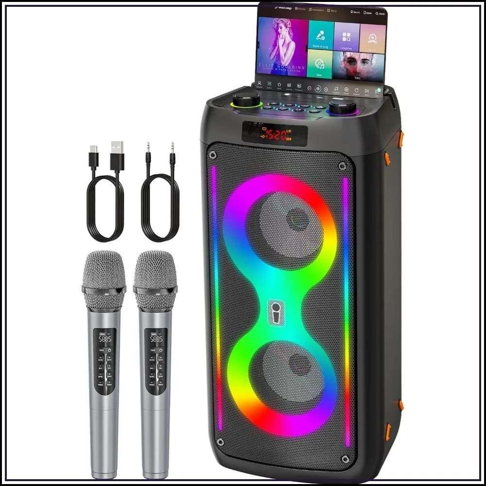 Portable Karaoke Machine with 2 Wireless Mics, LED Lights, 6000mAh Battery, Outdoor PA Speaker for Party, Camping, Beach, USB/TF/AUX
