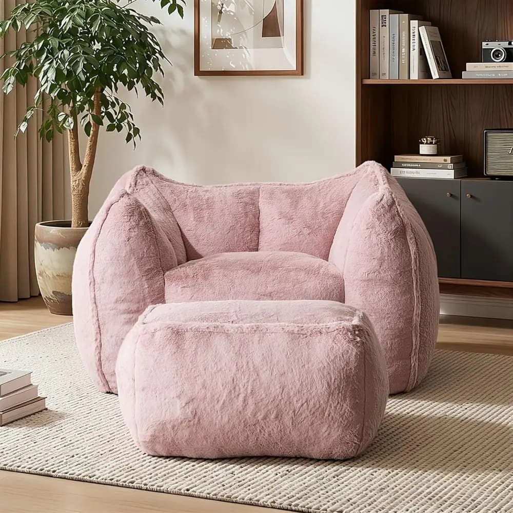 Poltrona Sacco Grande in Peluche con Poggiapiedi, Comoda per Lettura, Gaming e Soggiorno, Rosa