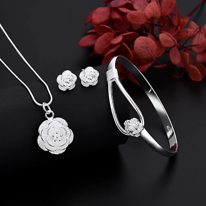 JewelryTop Fine 925 Sterling Silver Charm Flower Necklace Earring Bangle Jewelry for Women Retro Set Wedding Gift TRENDY