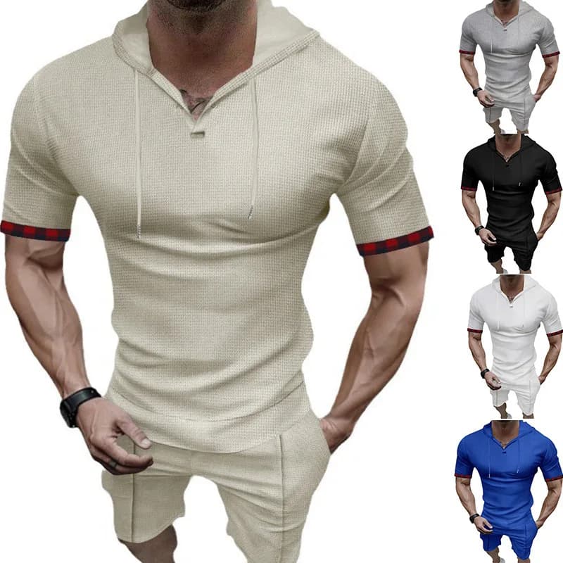Completo Sportivo Estivo 2026 da Uomo in Tessuto Waffle: T-shirt a Maniche Corte con Cappuccio e Pantaloncini – Comodo, Traspirante, Casual