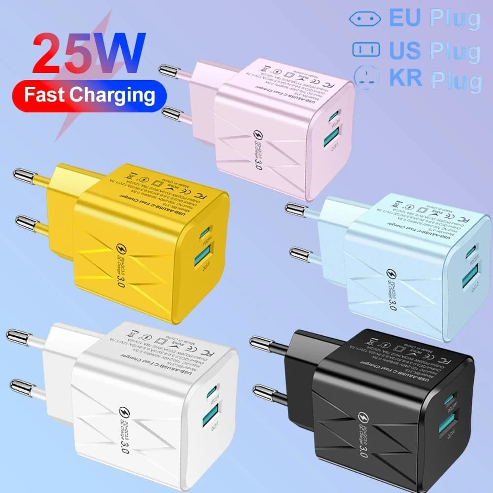 Caricabatterie rapido USB C PD 25W per iPhone 15 Pro Max Xiaomi 14 Oneplus KR EU US Mini 2 porte Spina da viaggio Adattatore di ricarica rapida per telefono