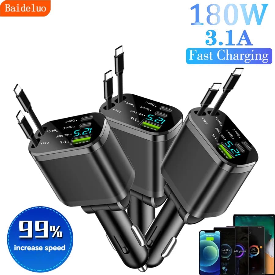 Car charger, car charger with retractable cable, car PD, car fast charging, super fast charging, flash charging, five in one cig