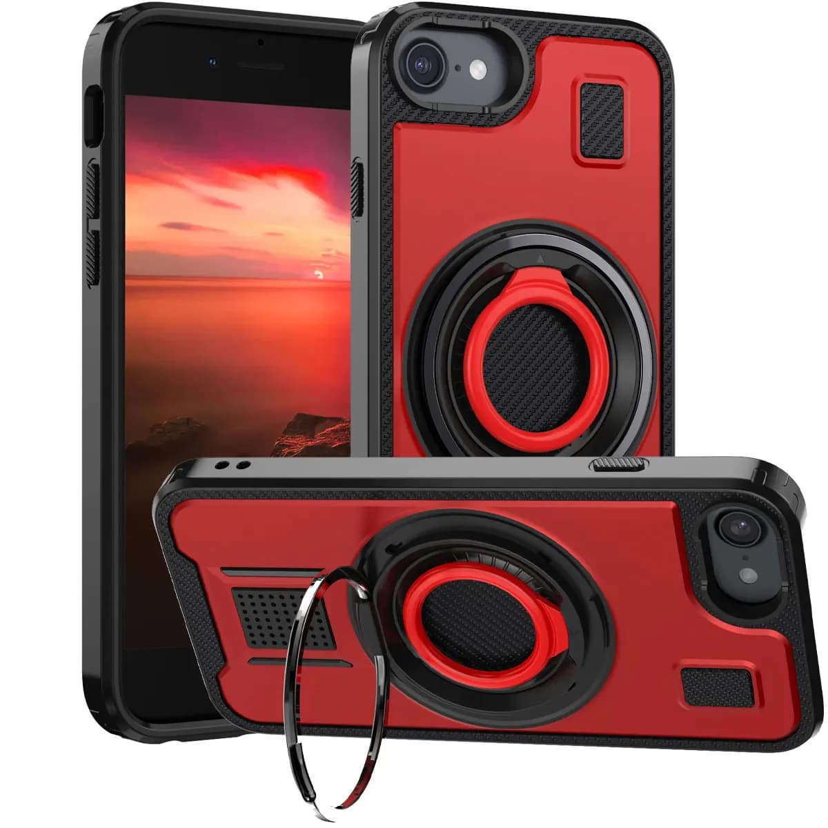 Per iPhone 7 Custodia da 4,7 pollici Custodia ibrida antiurto con doppio anello Cavalletto Robusta copertura rigida sottile per telefono Rosso