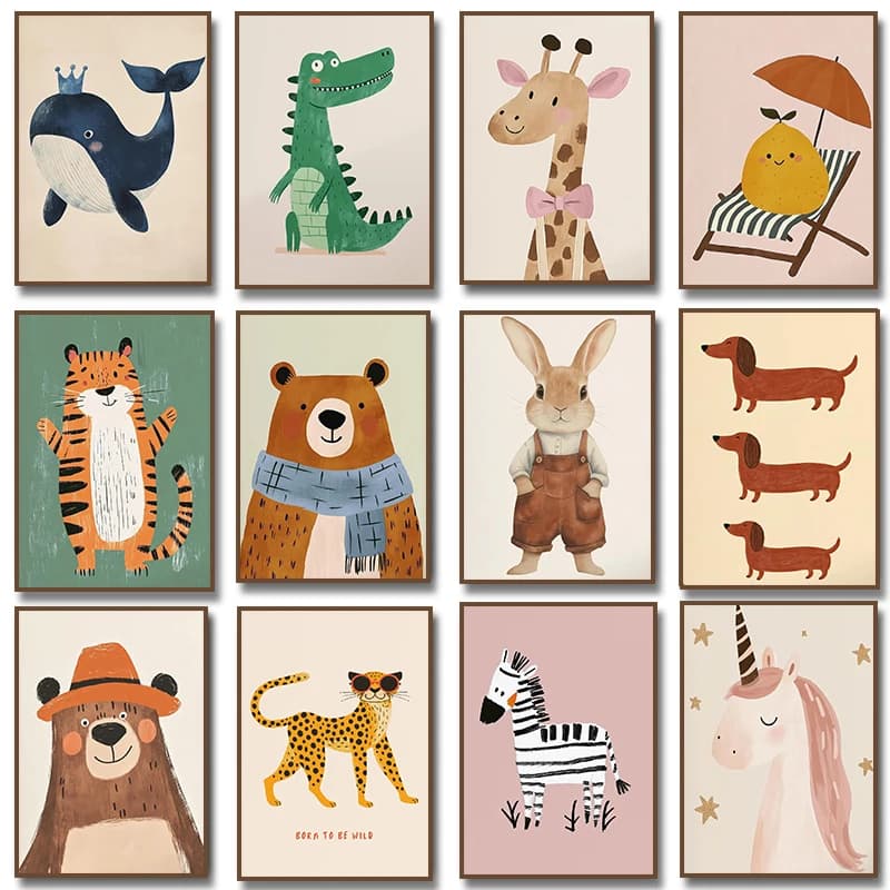 Simpatico animale illustrazione poster unicorno orso tigre bassotto cane giraffa tela pittura stampa scuola materna arte della parete arredamento della camera dei bambini
