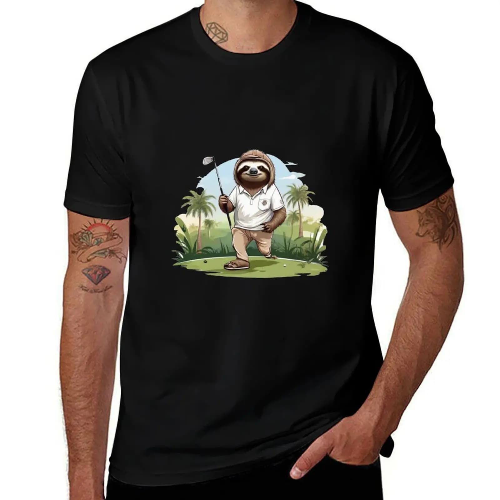 T-shirt Happy Sloth Playing Golf, maglietta da uomo, magliette estive con stampe, magliette da uomo in cotone