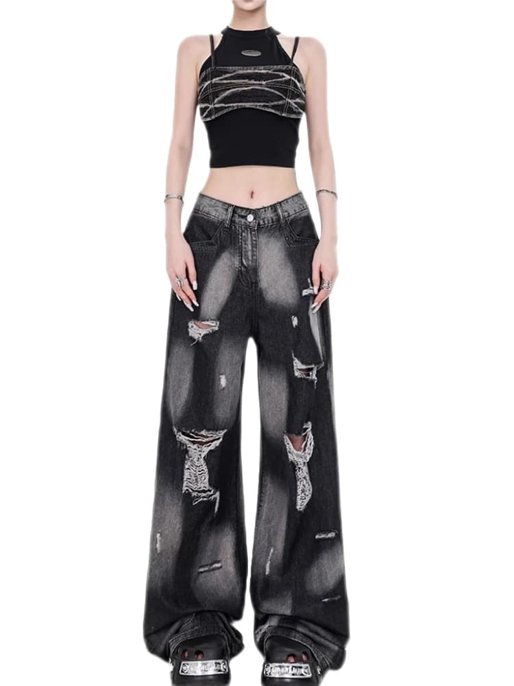 Jeans cargo strappati gotici tinti in cravatta nera da donna Harajuku streetwear giapponese anni 2000 emo jeans anni '90 vestiti vintage in denim trash