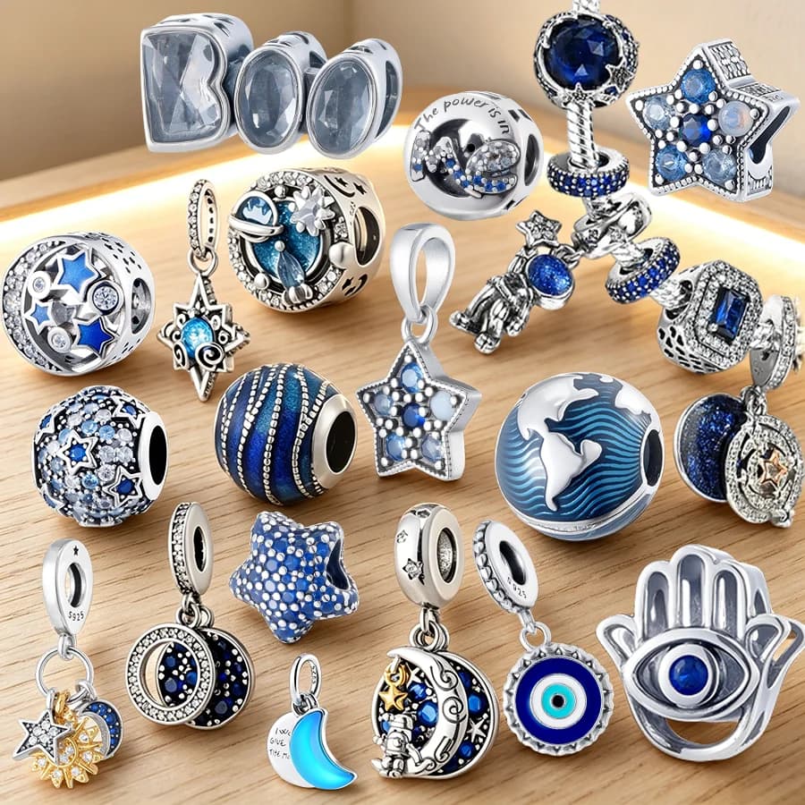 Offerta Speciale: Charm Europei Blu Galassia, Ciondoli Stella Luna e Occhio di Allah in Argento 925, Gioielli Fai da Te a Tema Universo e Astrologia, Regali per Donna