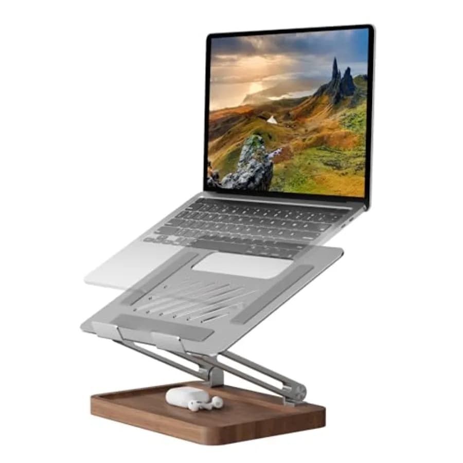 Supporto per Laptop da Scrivania con Base in Noce, Rialzo Ergonomico Regolabile in Legno Ventilato per Laptop