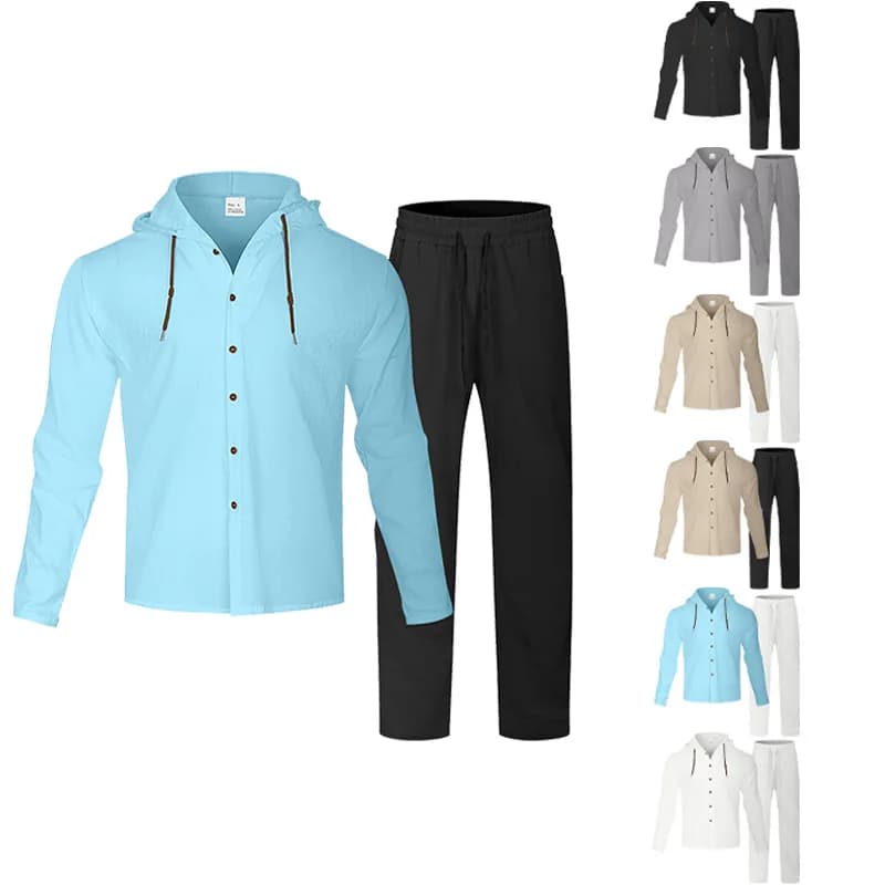 Men's suit in Linen 2025: Long Sleeve Hoodie and Trousers - Casual Spring Summer Set Lightweight Streetwear Loungewear Two Pieces