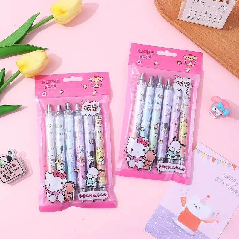 Set di 6 Penne Gel a Pressione Sanrio, Carine Penne Gel a Cartone Animato con Gattino ST 0.5mm Nere ad Asciugatura Rapida, Strumento di Cancelleria per Studenti, Scuola, Esami, Regalo per Bambini