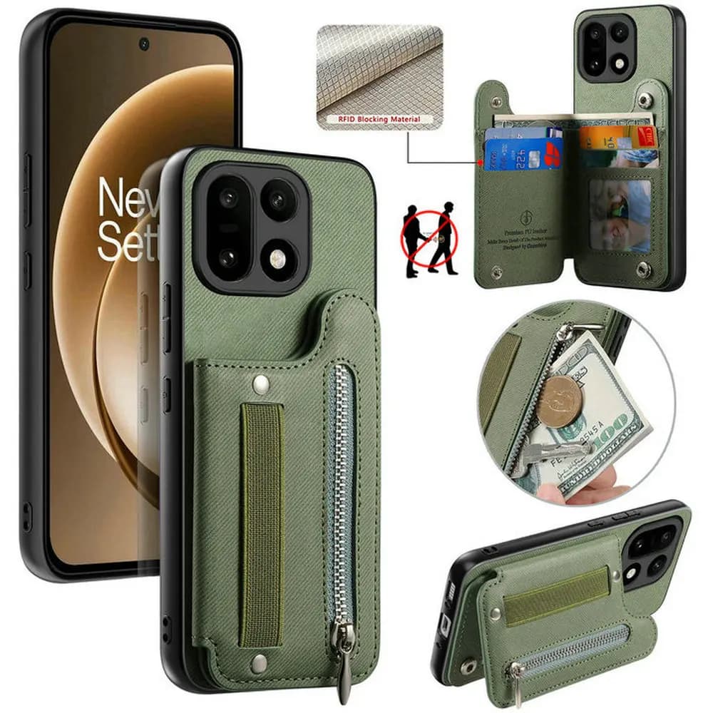 Custodia a portafoglio in pelle con cerniera e protezione RFID per OnePlus 15R 5G - Cover di lusso per OnePlus 15/15R